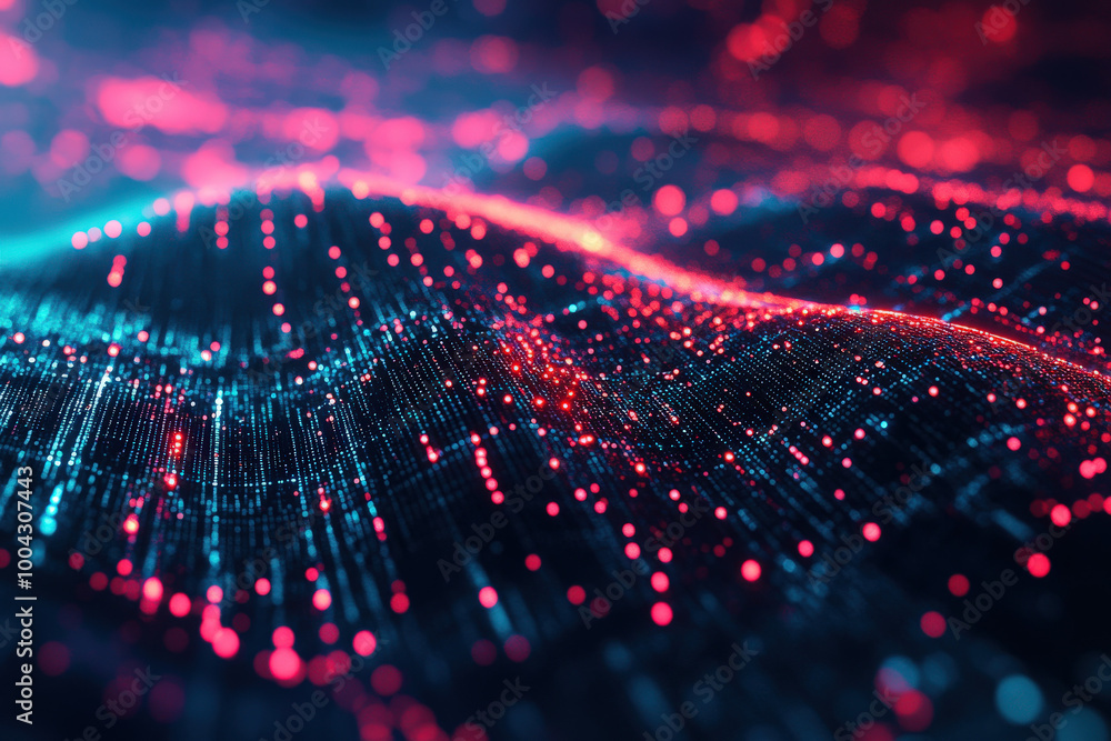 Poster an immersive exploration of vibrant digital waves and glowing particles in a stunning abstract setti