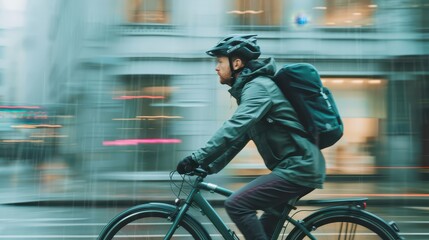 A cyclist rides through a rainy cityscape, showcasing urban mobility and adventure in wet weather conditions.