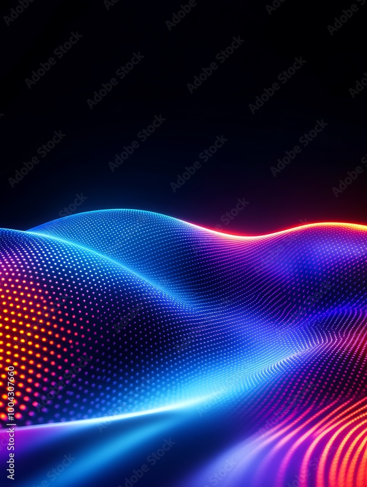 Poster colorful abstract wave pattern with vibrant lights and dots on a dark background. a minimalist poste