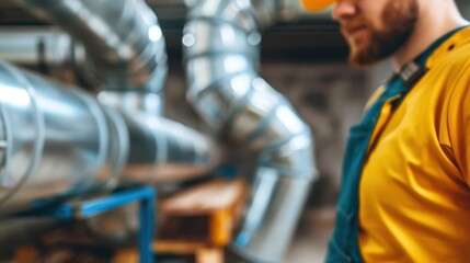 A focused worker inspects machinery with metallic pipes in a manufacturing facility, emphasizing industrial labor and expertise.