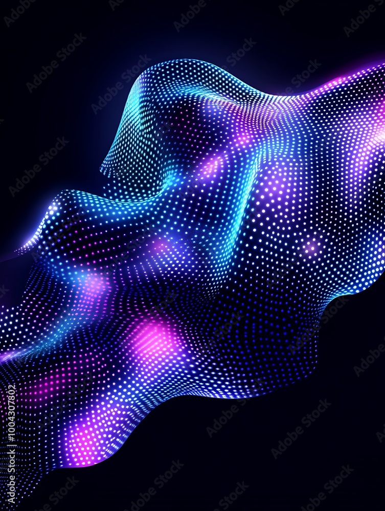Aufkleber colorful abstract wave shape composed of glowing dots on a dark background. a minimalist poster in m