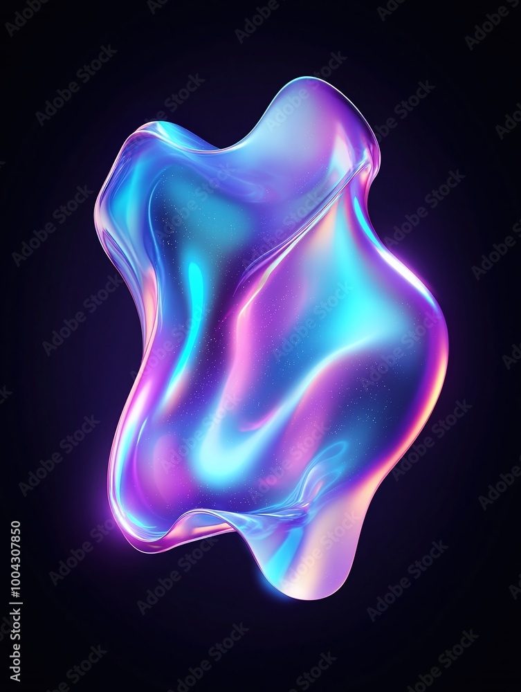 Poster colorful abstract wave shape with glossy surface on a dark background. a minimalist poster in metall
