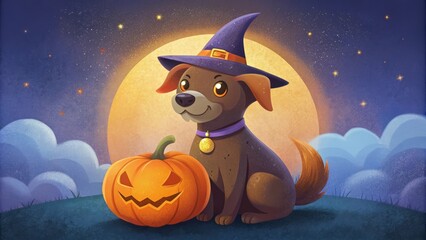 A cute halloween dog wearing a witches hat posing with a pumpkin in grain style