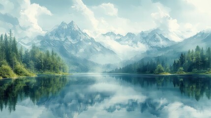 Fototapeta premium serene mountain lakes illustrated in a watercolor style reflecting the surrounding peaks and lush greenery capturing the tranquility and beauty of nature