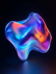 Fototapeta premium Colorful abstract wave shape with illuminated mesh patterns on a dark background. A minimalist poster in metallic and chrome gradient style.