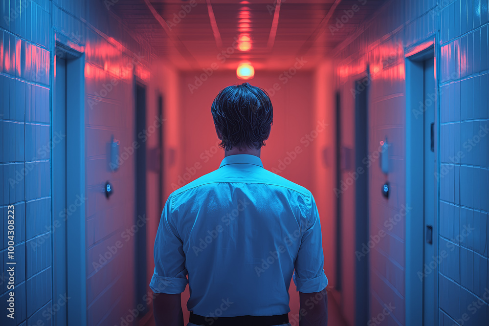 Poster a person pacing back and forth in a small room, unable to calm down during an anxious episode. conce
