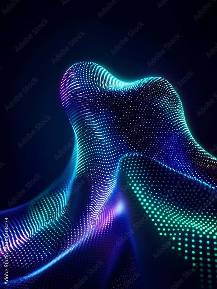 Poster colorful abstract wave with glowing dots on a dark background. a minimalist poster in metallic and c