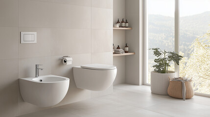 Modern bathroom setup with suspended white toilet and bidet, set against light gray ceramic tiles for a contemporary feel. photo
