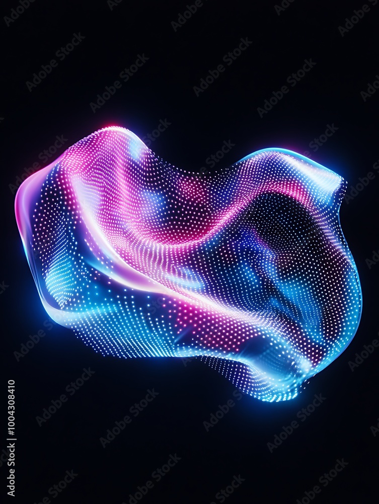 Poster colorful abstract wave with glowing particles on a black background. a minimalist poster in metallic