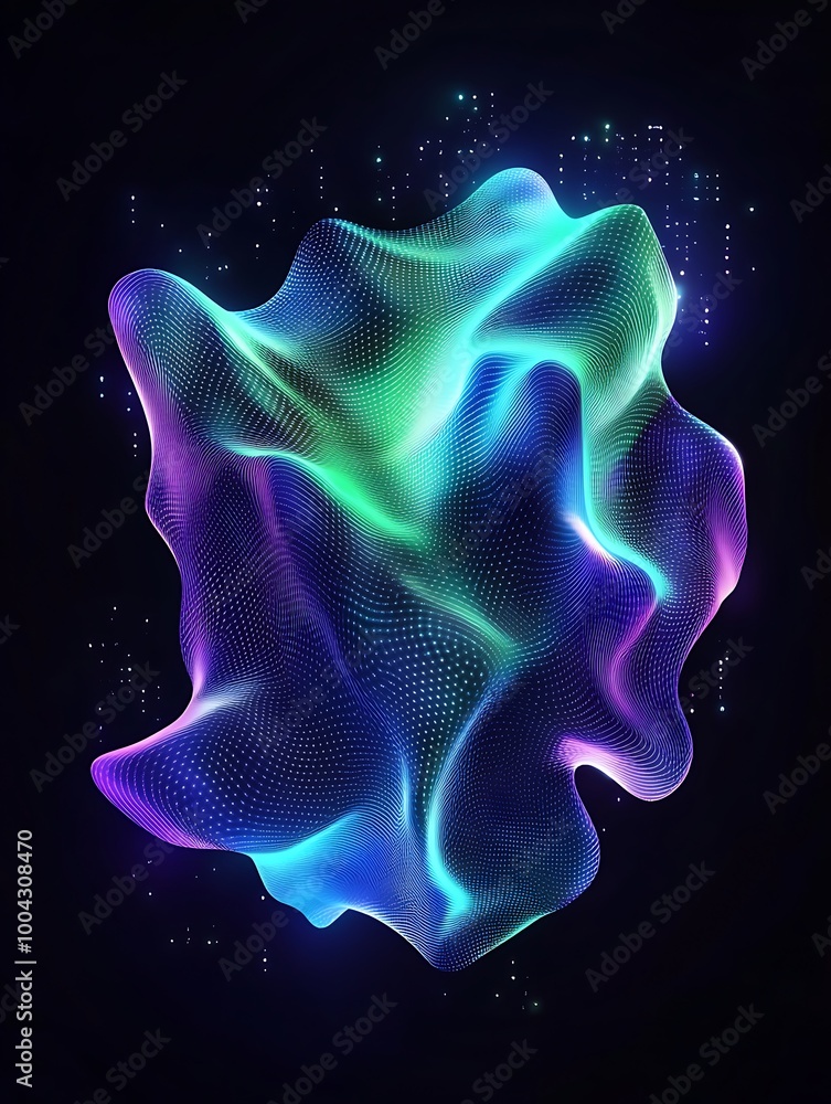 Poster colorful abstract wave with luminous elements on a dark background, showcasing dynamic shapes and vi
