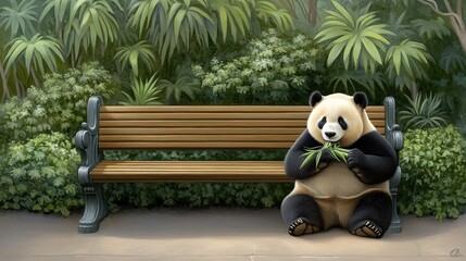 A panda sits comfortably on a wooden bench, munching bamboo shoots amidst lush greenery, showcasing its playful nature in natural sunlight