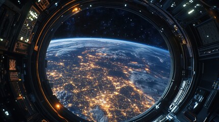 An astronaut looks at the Earth from inside a space station, with a view through a round window of the planet Earth, including the lights of cities, the night sky, outer space, and stars.