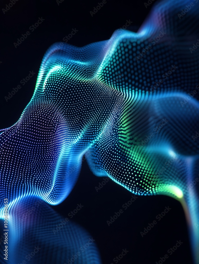 Poster colorful abstract waves created from dots on a dark background, representing fluidity and motion. a 