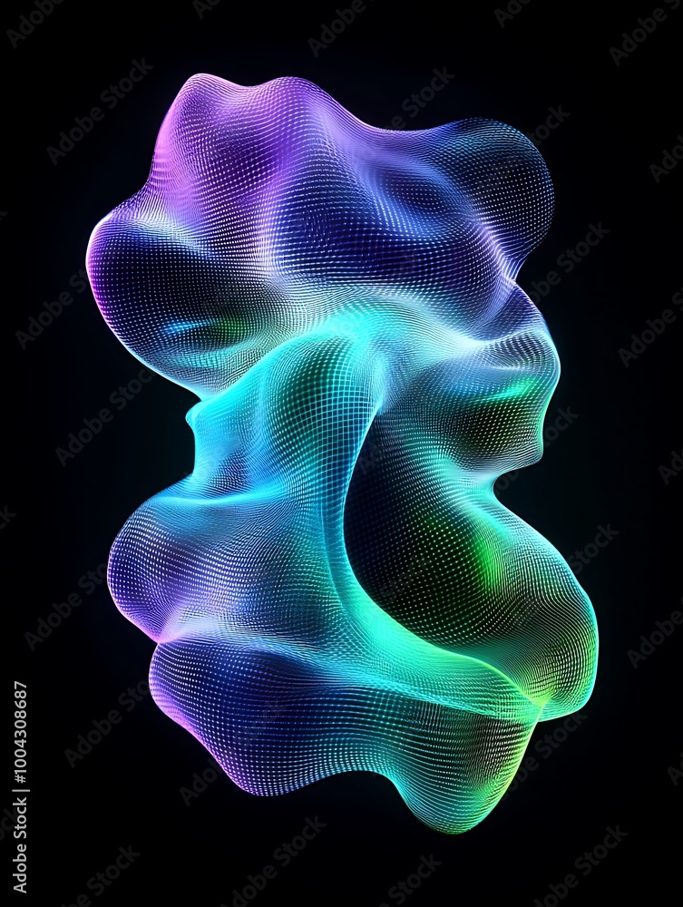 Poster colorful abstract waves creating a dynamic form on a dark background. a minimalist poster in metalli