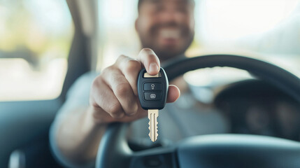 Excited man enjoying his new vehicle, showcasing the automatic key in focus while sitting behind the wheel, emphasizing modern car technology and a successful purchase. photo