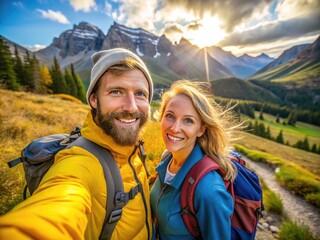 Joyful outdoor adventure of a couple hiking together in a scenic mountain landscape full of nature