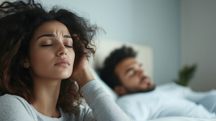 Upset young woman lying awake on her bed, gazing thoughtfully towards the ceiling while her husband peacefully sleeps beside her, highlighting her struggle with his snoring and the