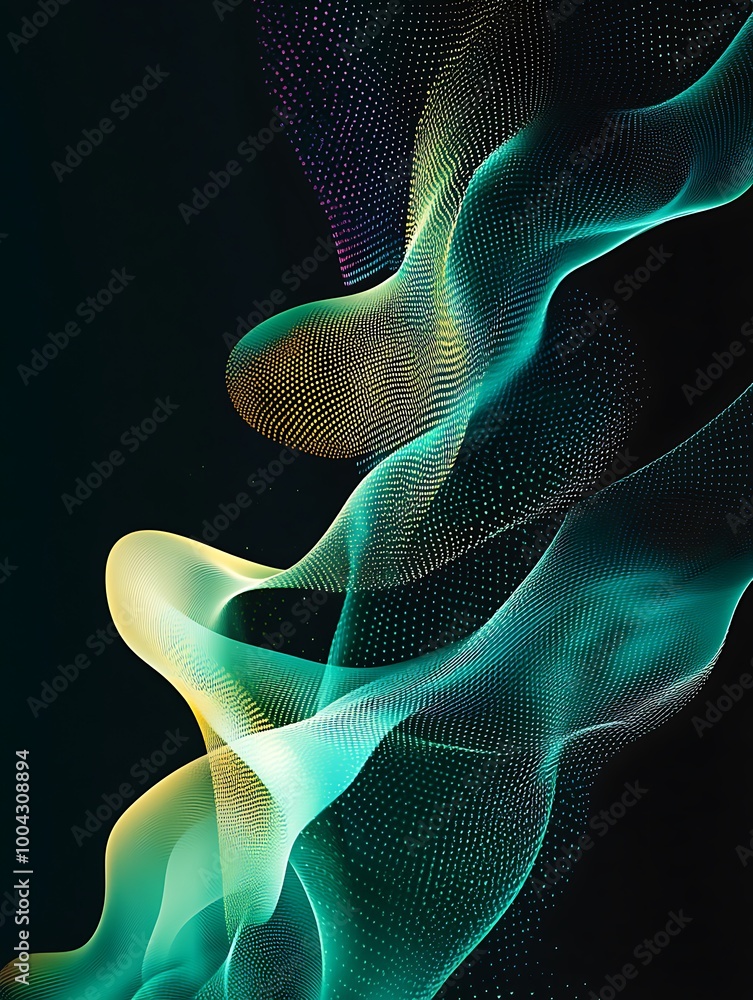 Poster colorful abstract waves in shades of green and yellow, creating a smooth and dynamic visual effect.