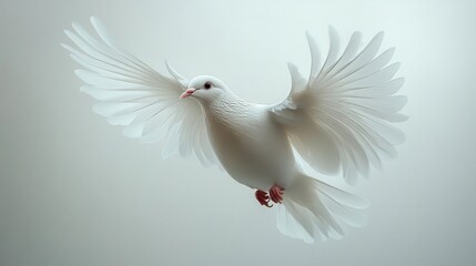 Obraz premium serene white dove in flight wings outstretched against pure white backdrop soft lighting enhances feather detail symbol of peace and hope minimalist composition ethereal quality