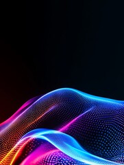 Colorful abstract waves of light on a dark background, creating a dynamic and vibrant visual effect. A minimalist poster in metallic and chrome gradient style.