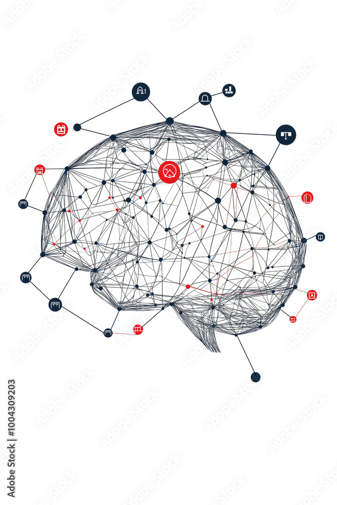 Poster abstract human brain with network connections and encryption symbols, depicted in a minimalist style