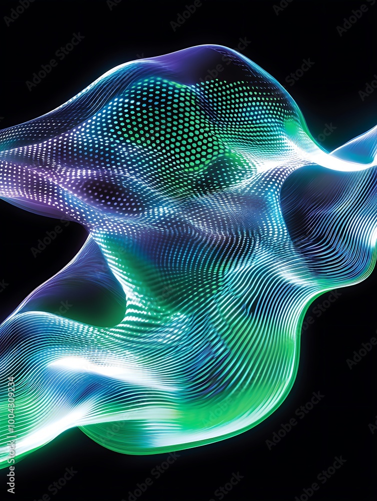 Poster colorful abstract waves with luminous dots against a black background, creating a dynamic and modern