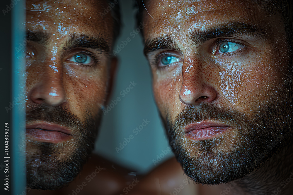 Poster a man looking in the mirror, seeing a distorted reflection of himself, representing body dysmorphia.