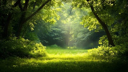 Obraz premium Serene Forest Clearing with Tranquil Nature Filled Scenery and Dappled Sunlight Filtering Through the Lush Green Foliage and Canopy
