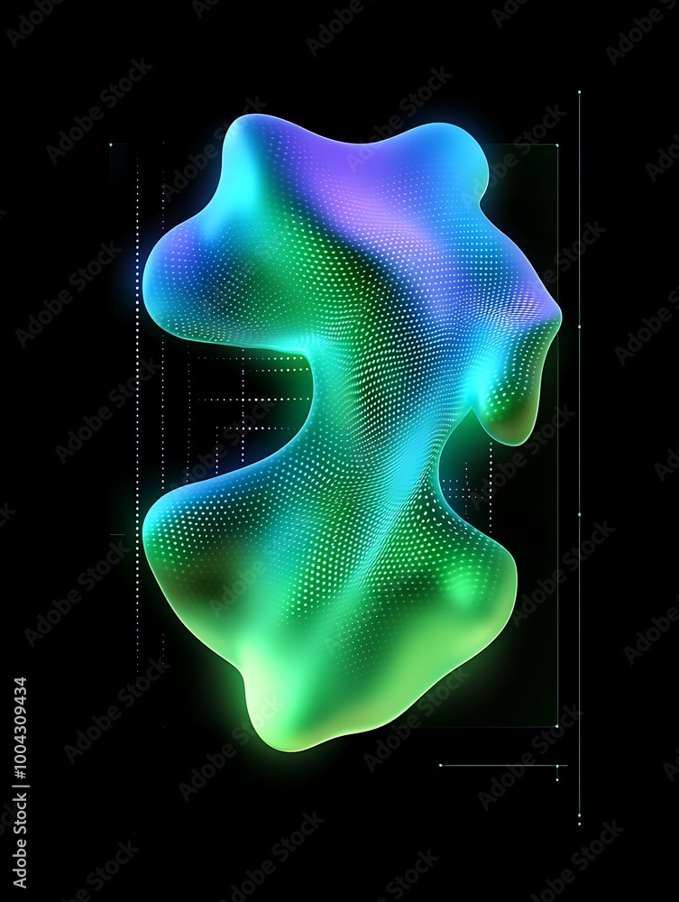 Poster colorful abstract wave-shaped figure with a shiny surface on a black background. a minimalist poster