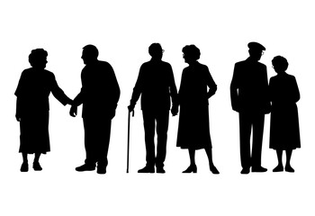 Vector illustration. An elderly couple of pensioners. A large set of people.	