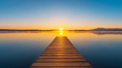 Fototapeta premium Serene Sunset Over a Pier Extending into a Calm Lake at Dusk Peaceful Nature Scene