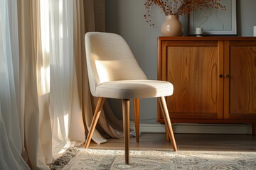 Fototapeta premium Elegant Chair with Light Wood Legs and Off-White Fabric Seat in Front of Cabinet