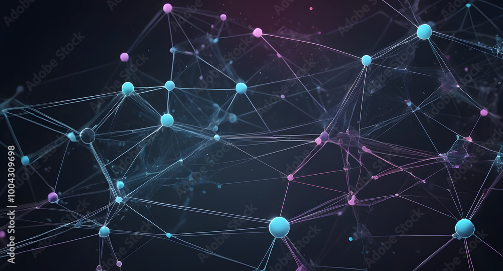 Poster interconnected world: abstract network of glowing nodes and lines forming a complex web, representin