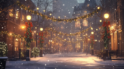 Festive street decorated with Christmas lights and garlands on a snowy evening