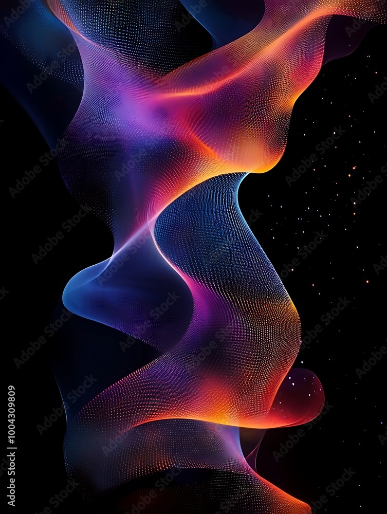 Poster colorful flowing wave patterns with a dark background, showcasing vibrant hues and smooth transition