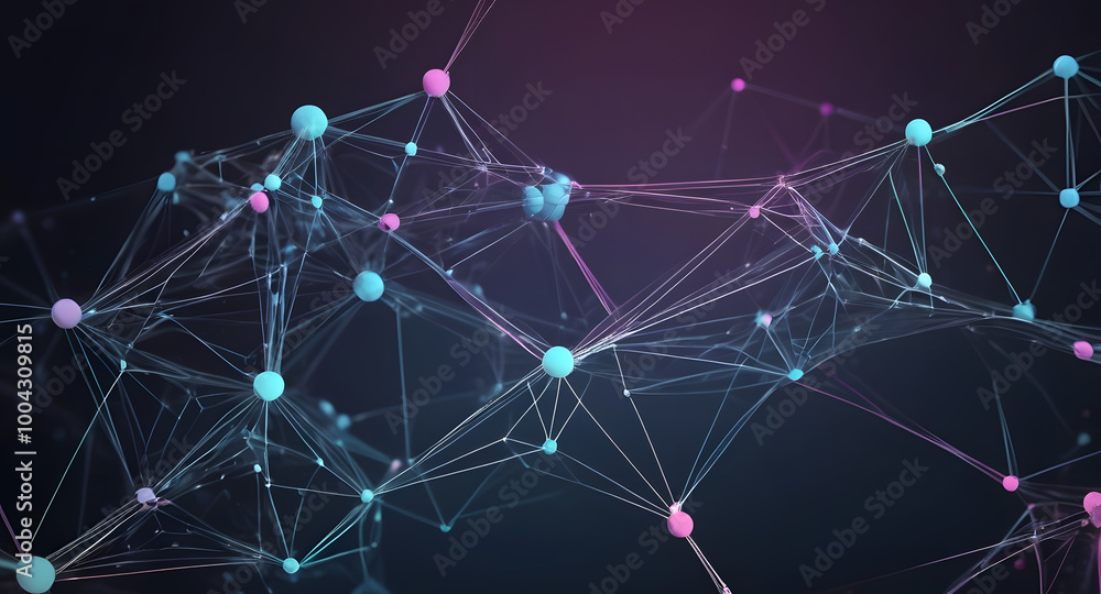 Poster abstract network connection: an intricate web of interconnected spheres, rendered in soft pink and b