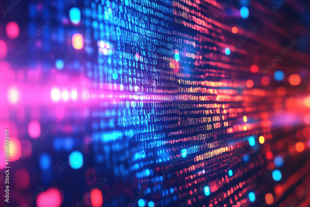 Poster a vibrant display of binary code illuminated by colorful lights creating a futuristic digital landsc