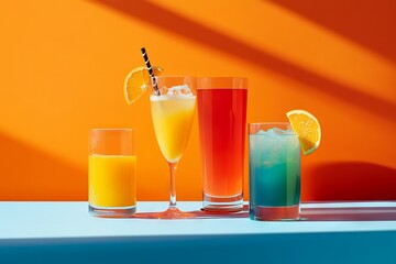 Colorful Cocktails and Soft Drinks on an Orange Background, AI generated illustration