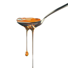 Detailed image of honey flowing and dripping from a spoon against a black background, showcasing texture and golden color.png transparent background.