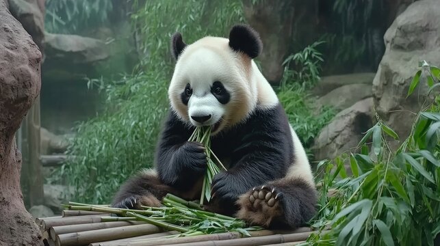 A panda sits comfortably on a wooden bench, munching bamboo shoots amidst lush greenery, showcasing its playful nature in natural sunlight