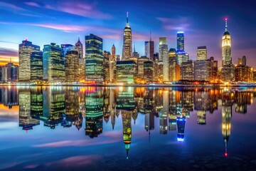 Low Manhattan Skyline at Night with Hudson River Reflection in a Clear Winter Urban Panorama
