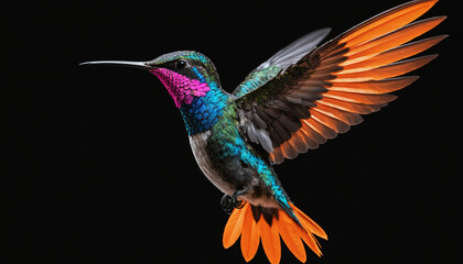 Obraz premium Vibrant Hummingbird in Flight Against Black Background