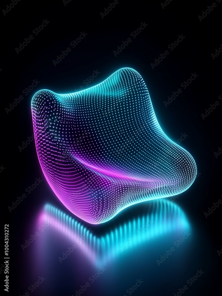 Poster colorful glowing mesh shape on a reflective surface against a dark background. a minimalist poster i