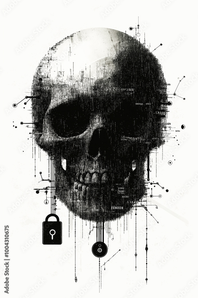 Poster minimalist skull with a lock, where the bones are made of network wires and codes.
