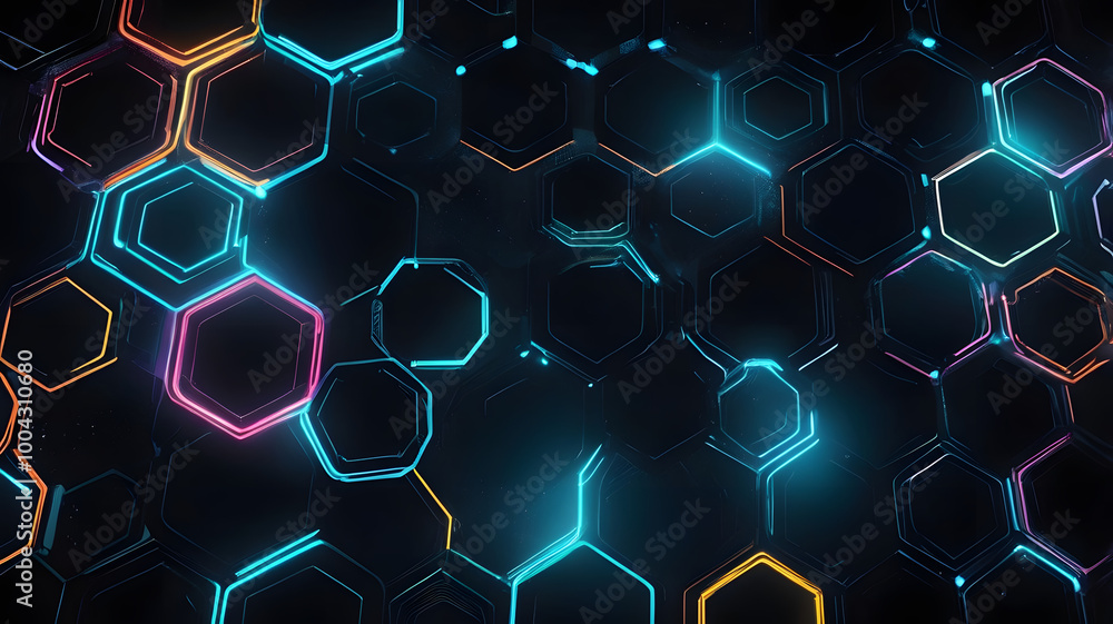 Poster neon hexagon pattern: a captivating abstract background with a mesmerizing array of neon hexagons, g
