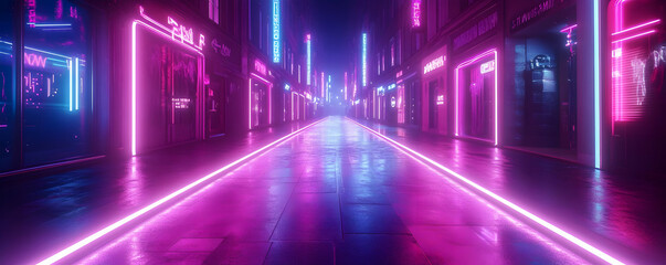 Fototapeta premium A Digital Cityscape with Neon Lights Reflecting on a Wet Street, Illuminated by Pink and Blue Neon Signs