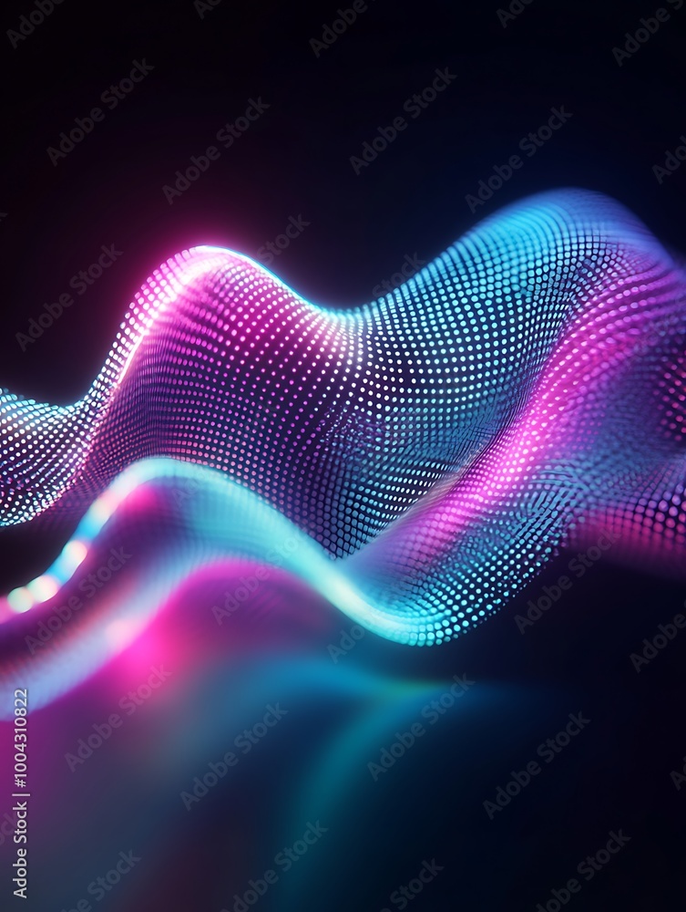 Poster colorful wave patterns with luminous dots on a dark background, ideal for modern design and technolo