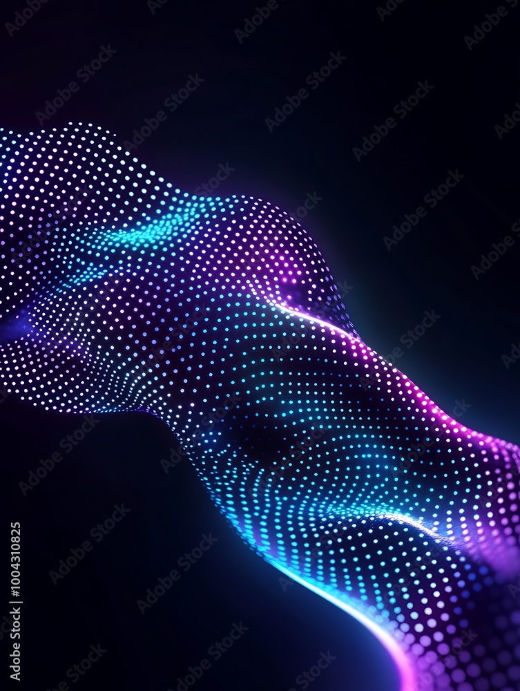 Poster digital abstract wave of glowing neon dots creating an illusion of fluid movement. a minimalist post