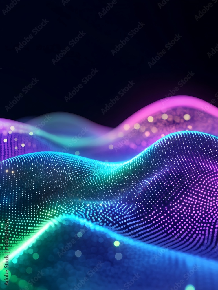 Poster colorful wave patterns with glowing particles on a dark background, creating a sense of depth and vi