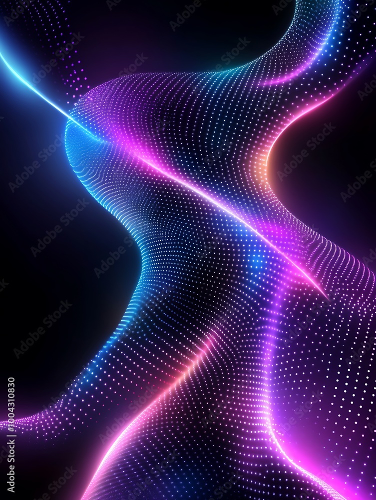 Poster colorful wavy lines with glowing dots creating a vibrant abstract design on a black background. a mi